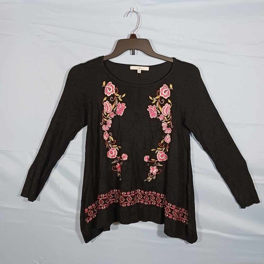 FEVER Women's Medium Black Floral Embroidered Long Sleeve Sweater Rayon Blend